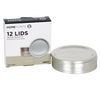 Stack of silver wide-mouth canning lids next to a box labeled for 12 lids, featuring BPA-free sealing compound, ideal for kitchen, food preservation, and canning collections.