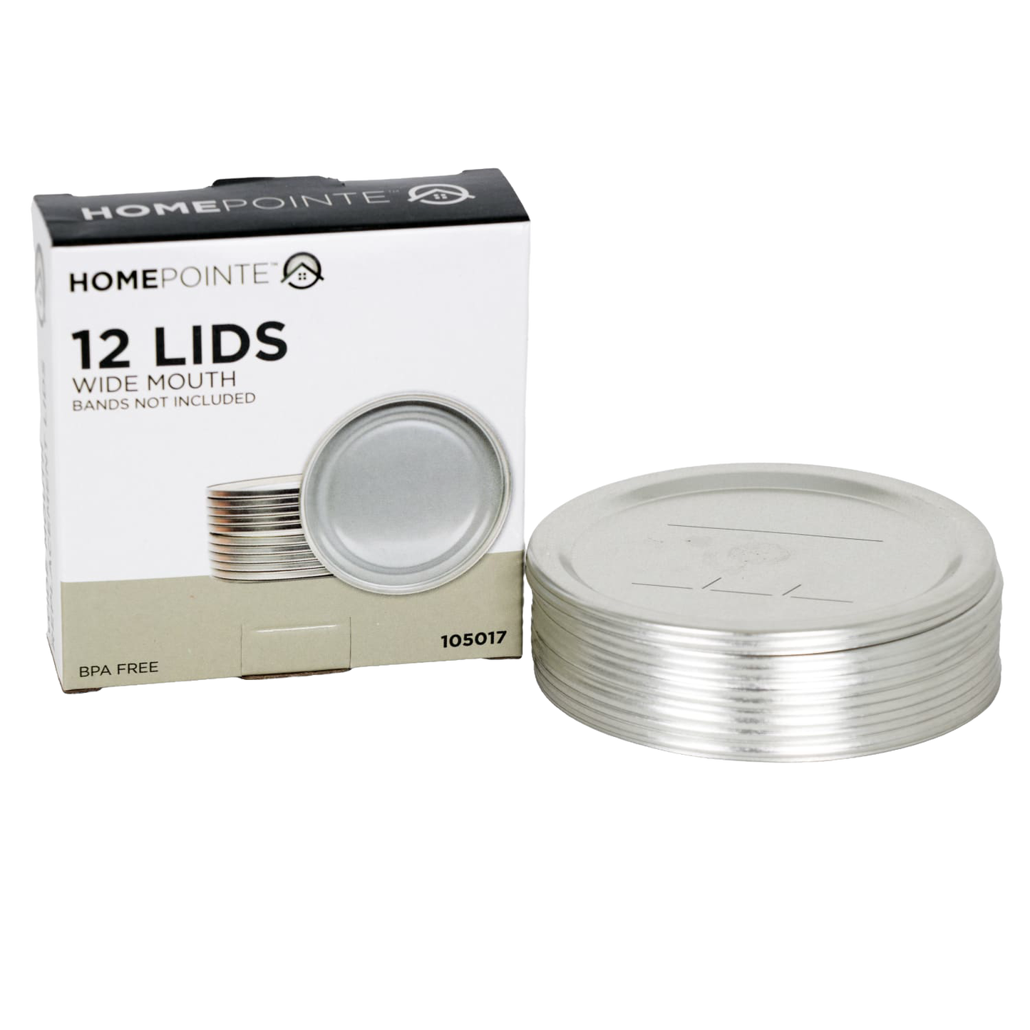 Stack of silver wide-mouth canning lids next to a box labeled for 12 lids, featuring BPA-free sealing compound, ideal for kitchen, food preservation, and canning collections.