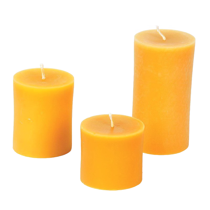 Handcrafted beeswax pillar candles in three sizes with smooth honey-toned finish, made in USA, featured in Lamps & Lighting, Candles, Candlemaking, USA Made, Best Sellers, and Promo Eligible collections.