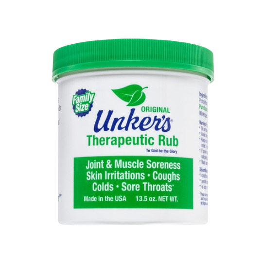 White container with green lid of handcrafted therapeutic rub for joint pain, muscle soreness, and skin irritations, made in USA, featured in Health & Wellness and Best Sellers collections.