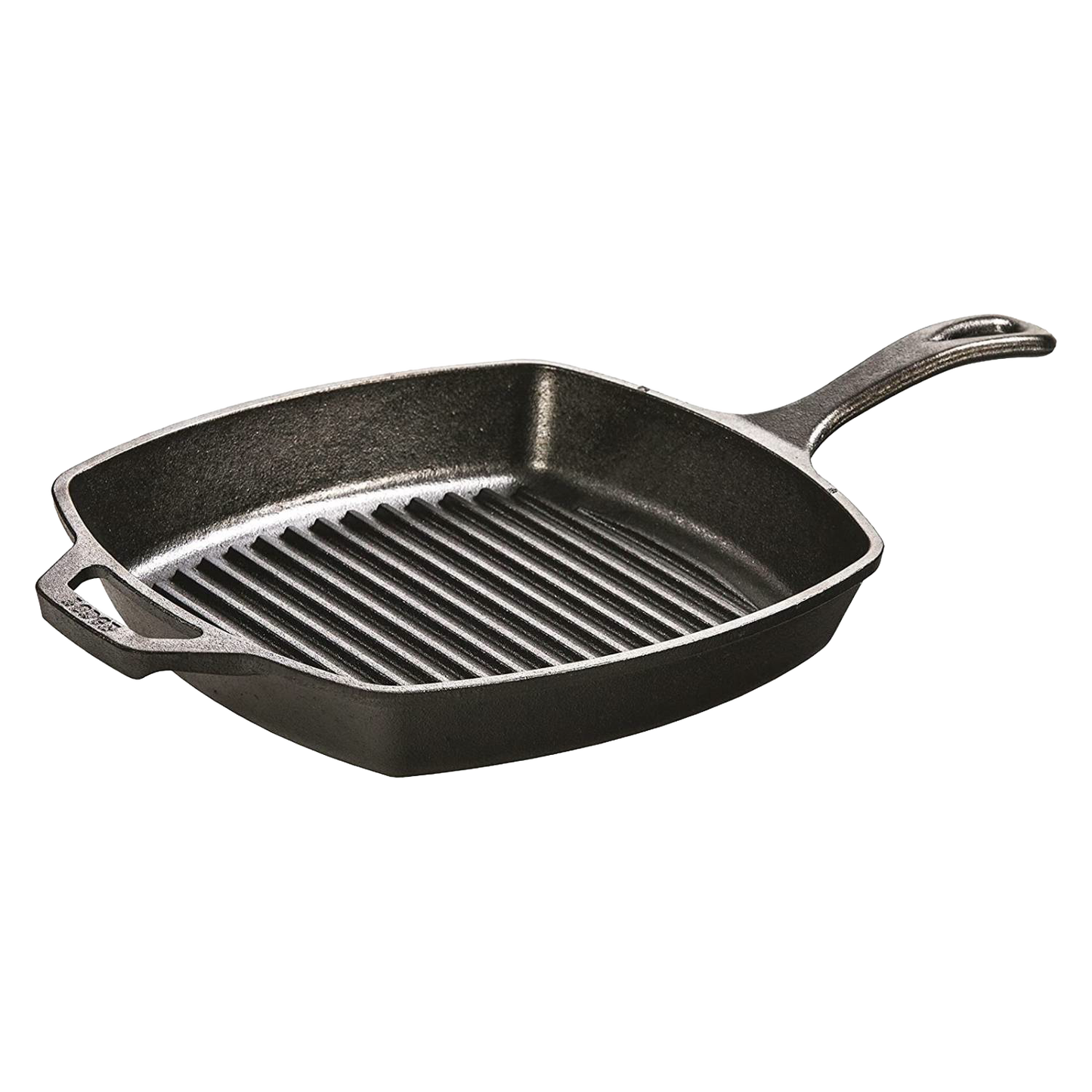 Seasoned cast iron grill pan with ridged cooking surface and dual handles, designed for even heating and versatile use in Kitchen & Food, Cookware, Cast Iron, USA Made, and Best Sellers collections.