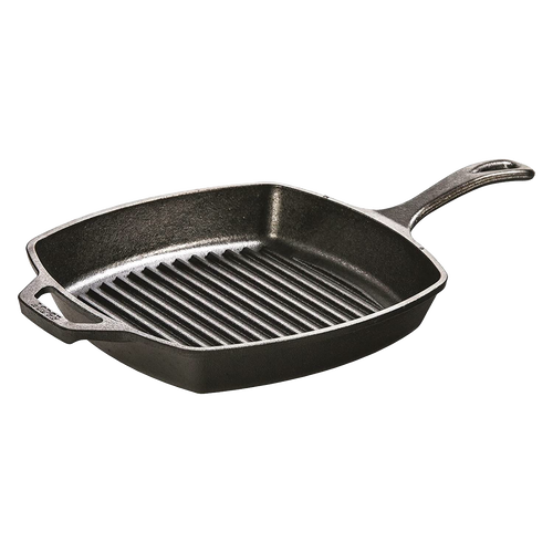 Seasoned cast iron grill pan with ridged cooking surface and dual handles, designed for even heating and versatile use in Kitchen & Food, Cookware, Cast Iron, USA Made, and Best Sellers collections.