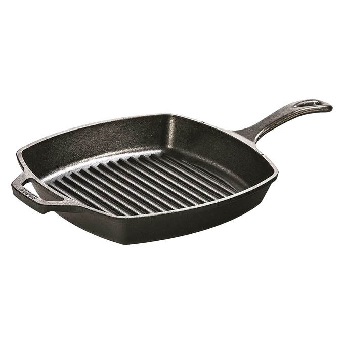 Seasoned cast iron grill pan with ridged cooking surface and dual handles, designed for even heating and versatile use in Kitchen & Food, Cookware, Cast Iron, USA Made, and Best Sellers collections.