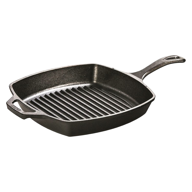 Seasoned cast iron grill pan with ridged cooking surface and dual handles, designed for even heating and versatile use in Kitchen & Food, Cookware, Cast Iron, USA Made, and Best Sellers collections.