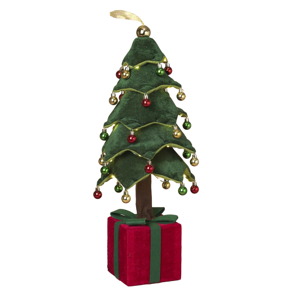 Handcrafted collapsible cloth Christmas tree decorated with miniature red, green, and gold ornaments and warm LED lights atop a red and green gift box base, perfect for Home & Decor, Holiday Decor, Best Sellers, and Promo Eligible collections.