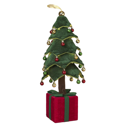 Handcrafted collapsible cloth Christmas tree decorated with miniature red, green, and gold ornaments and warm LED lights atop a red and green gift box base, perfect for Home & Decor, Holiday Decor, Best Sellers, and Promo Eligible collections.