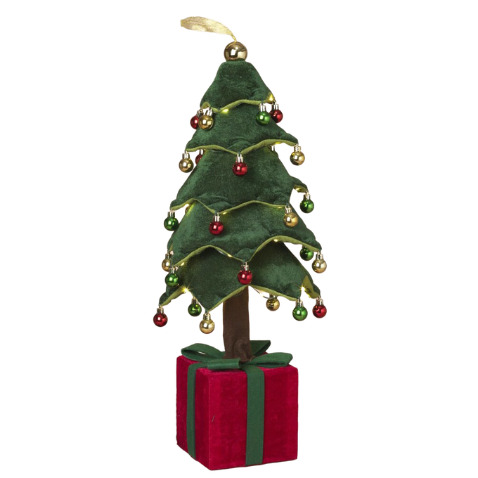 Handcrafted collapsible cloth Christmas tree decorated with miniature red, green, and gold ornaments and warm LED lights atop a red and green gift box base, perfect for Home & Decor, Holiday Decor, Best Sellers, and Promo Eligible collections.