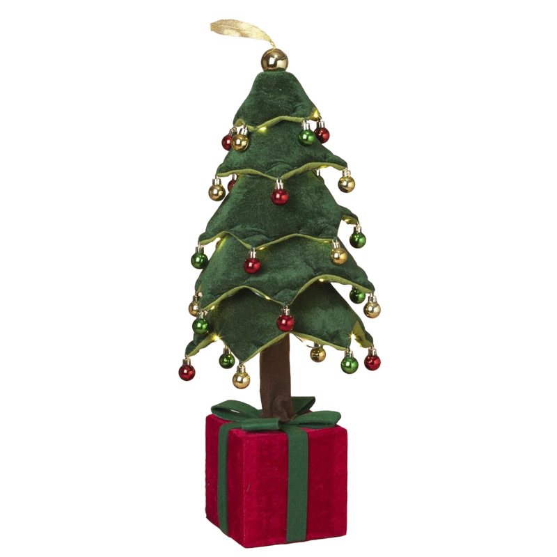 Handcrafted collapsible cloth Christmas tree decorated with miniature red, green, and gold ornaments and warm LED lights atop a red and green gift box base, perfect for Home & Decor, Holiday Decor, Best Sellers, and Promo Eligible collections.