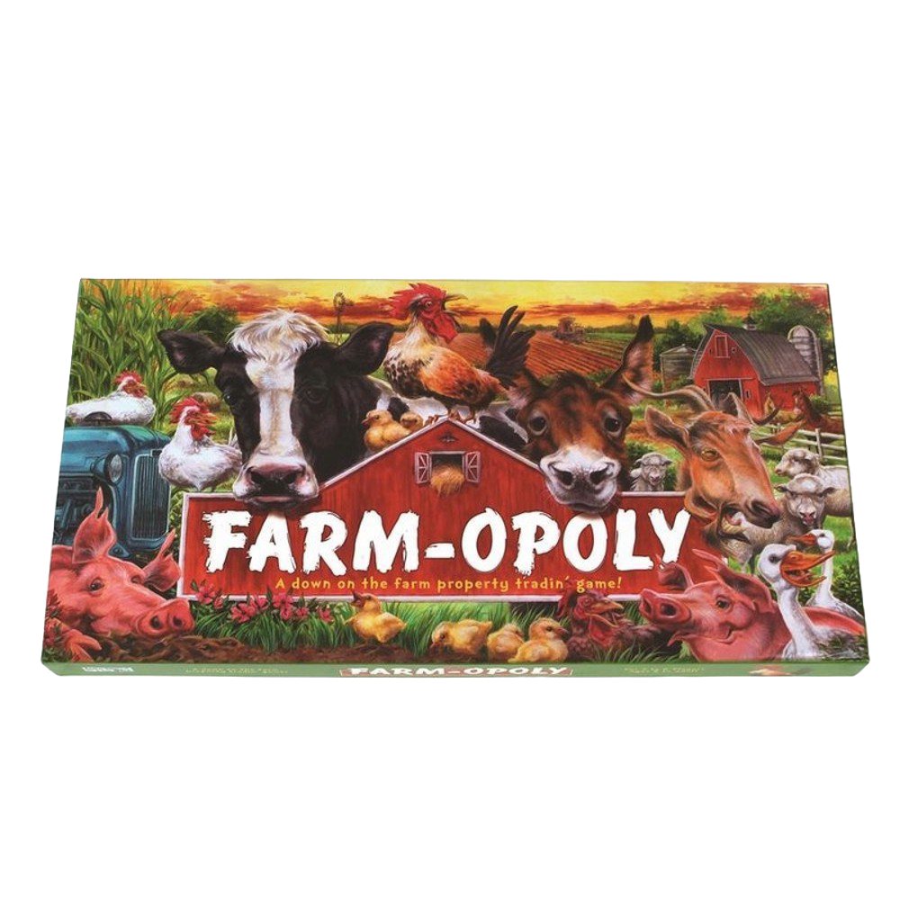 Colorful farm-themed board game box featuring various animals like cows, pigs, chickens, and horses around a red barn, handcrafted and made in USA, ideal for children's toys and games collections.