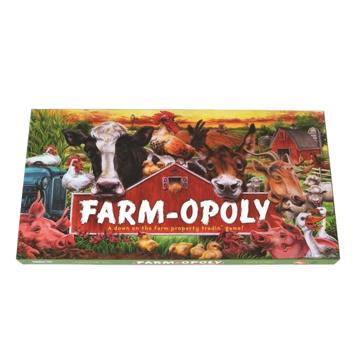 Colorful farm-themed board game box featuring various animals like cows, pigs, chickens, and horses around a red barn, handcrafted and made in USA, ideal for children's toys and games collections.