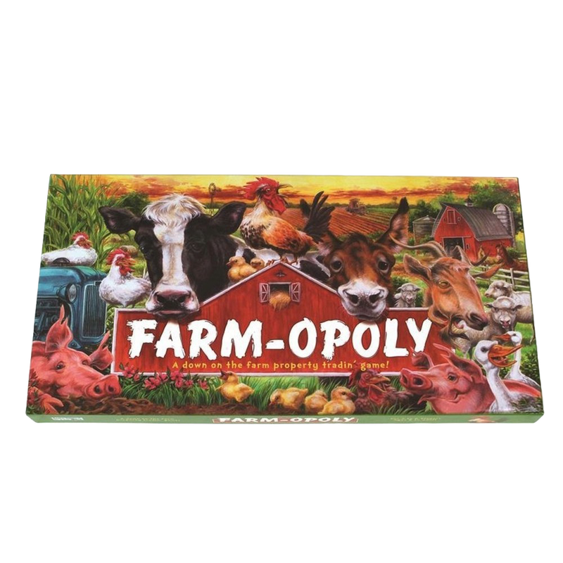 Colorful farm-themed board game box featuring various animals like cows, pigs, chickens, and horses around a red barn, handcrafted and made in USA, ideal for children's toys and games collections.