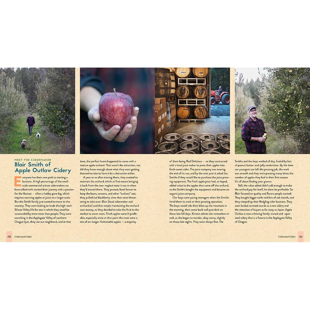 Two-page spread from the Big Book of Cidermaking featuring orchard scenes, apples, cider barrels, and a detailed interview with Blair Smith of Apple on Outlaw Cidery, ideal for Toys, Books & Games, Books, Home and Garden How-To Books, Best Sellers, and Promo Eligible collections.