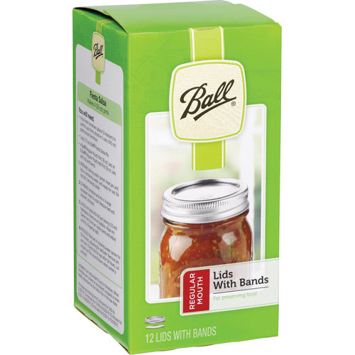 Green retail box displaying a dozen regular-mouth canning jar lids and bands by Ball for food preservation, BPA-free and made in USA, featured in Kitchen & Food and Canning collections.