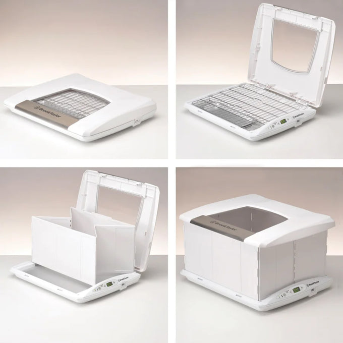 Compact white folding bread proofer with digital control panel, shown in various stages of setup, ideal for precise dough rising and baking support in kitchen and baking supplies collections.