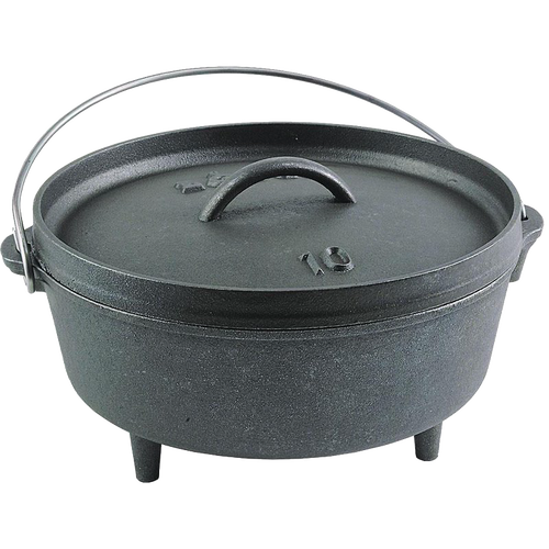 Heavy-duty cast iron camp Dutch oven with built-in legs and sturdy metal bail handle, handcrafted in USA for outdoor cooking; ideal for Farm, Garden & Tool, Camping, Cast Iron, USA Made, Best Sellers, Promo Eligible collections.