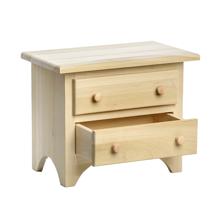 Handcrafted wooden doll dresser with two functional drawers made by Amish artisans in the USA, designed for children’s indoor play and doll accessories collections.