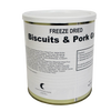 Metal can with white label showing freeze-dried biscuits and pork gravy with ingredient and preparation information, ideal for emergency supplies and long-term food storage in USA Made collections.