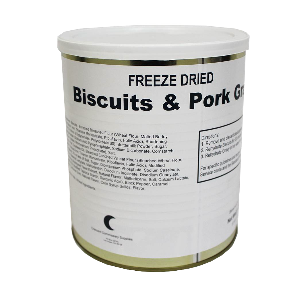 Metal can with white label showing freeze-dried biscuits and pork gravy with ingredient and preparation information, ideal for emergency supplies and long-term food storage in USA Made collections.