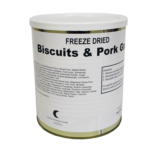 Metal can with white label showing freeze-dried biscuits and pork gravy with ingredient and preparation information, ideal for emergency supplies and long-term food storage in USA Made collections.
