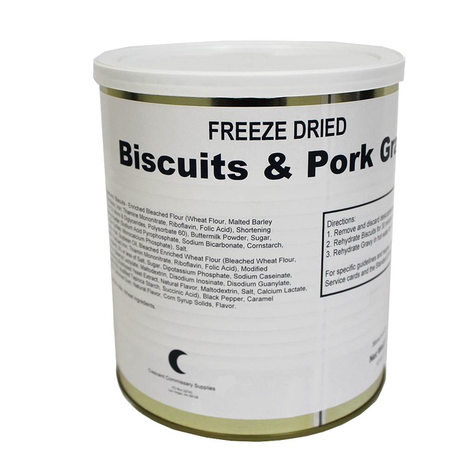Metal can with white label showing freeze-dried biscuits and pork gravy with ingredient and preparation information, ideal for emergency supplies and long-term food storage in USA Made collections.