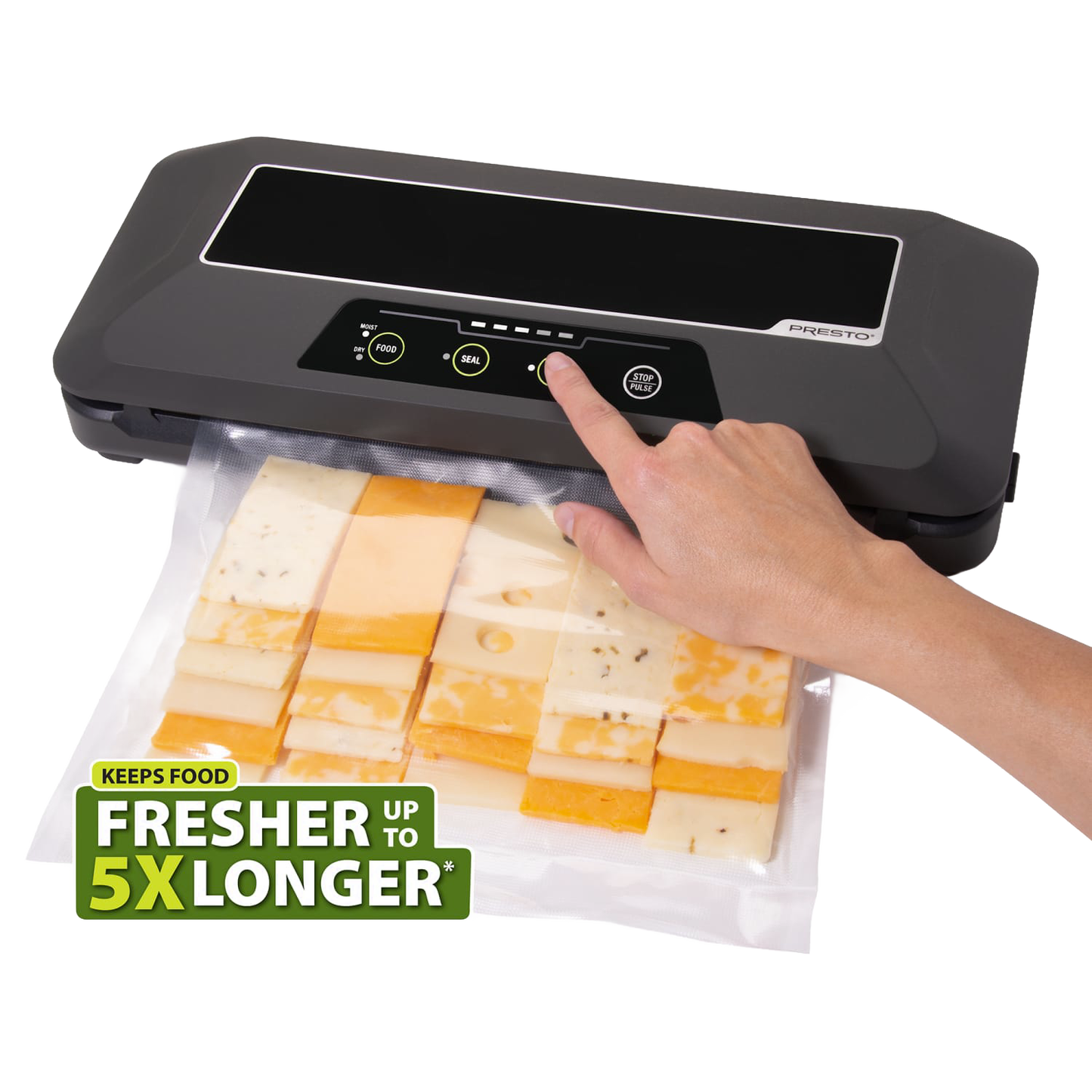 Black airtight electric vacuum sealer with built-in bag cutter sealing mixed cheese slices in clear bag, ideal for Kitchen & Food, Food Preservation, Freezing, Best Sellers, and Promo Eligible collections.