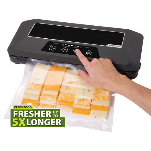 Black airtight electric vacuum sealer with built-in bag cutter sealing mixed cheese slices in clear bag, ideal for Kitchen & Food, Food Preservation, Freezing, Best Sellers, and Promo Eligible collections.