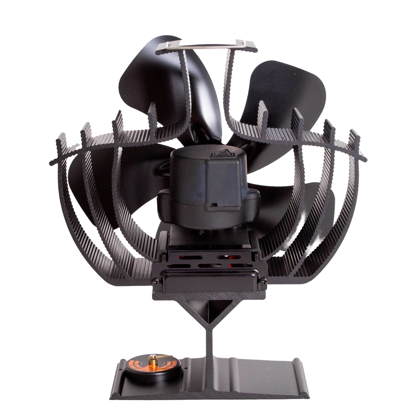 Black heat-powered oscillating stove fan with curved blades and protective finned guard, designed to circulate warm air efficiently, ideal for stoves and hearth accessories collections.