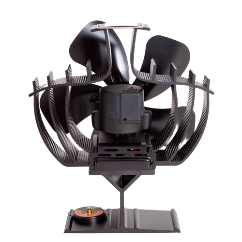 Black heat-powered oscillating stove fan with curved blades and protective finned guard, designed to circulate warm air efficiently, ideal for stoves and hearth accessories collections.