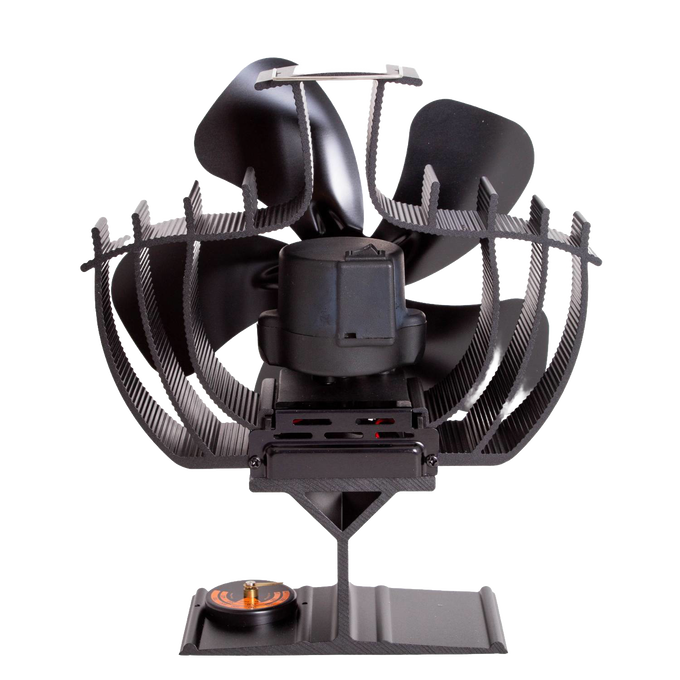 Black heat-powered oscillating stove fan with curved blades and protective finned guard, designed to circulate warm air efficiently, ideal for stoves and hearth accessories collections.