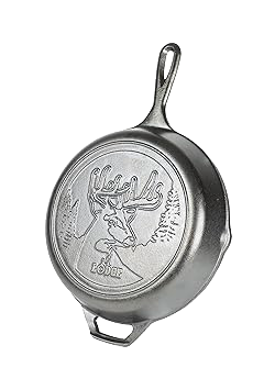 Handcrafted 10.25-inch cast iron skillet featuring a deer design, made in USA, ideal for Kitchen & Food, Cookware, Cast Iron, USA Made, Best Sellers, and Promo Eligible collections.