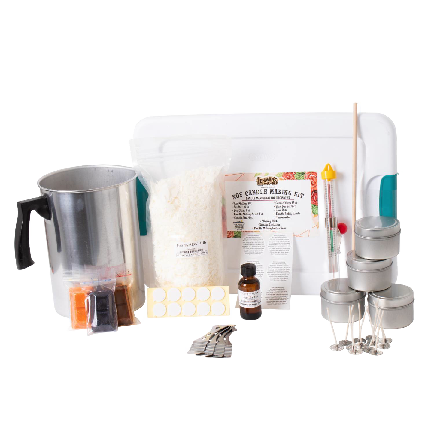 Complete soy candle making kit for beginners featuring soy wax flakes, metal tins with lids, scented oil, wick stickers, wick clips, thermometer, stirring stick, and melting pot, ideal for lamps and lighting, candlemaking supplies, and best sellers collections.
