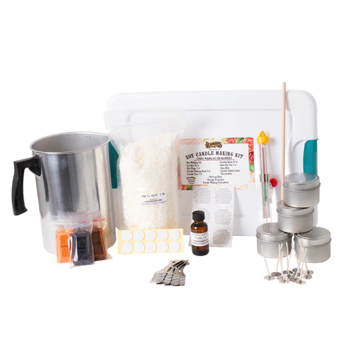 Complete soy candle making kit for beginners featuring soy wax flakes, metal tins with lids, scented oil, wick stickers, wick clips, thermometer, stirring stick, and melting pot, ideal for lamps and lighting, candlemaking supplies, and best sellers collections.