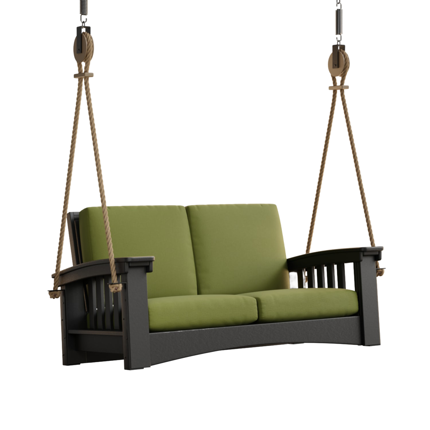 Handcrafted 6 ft porch swing with sturdy black painted cypress frame, soft olive green cushions, and thick rope suspension, made in USA, ideal for Home & Decor, Outdoor Furniture, Amish Made, Best Sellers, and Promo Eligible collections.