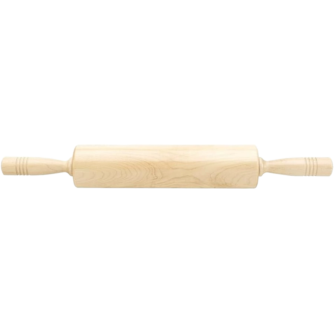 Handcrafted 12-inch solid rock maple rolling pin with extra-long comfortable handles, finished with food-safe lacquer, ideal for Kitchen & Food, Cookware, Baking Supplies, USA Made, and Best Sellers collections.