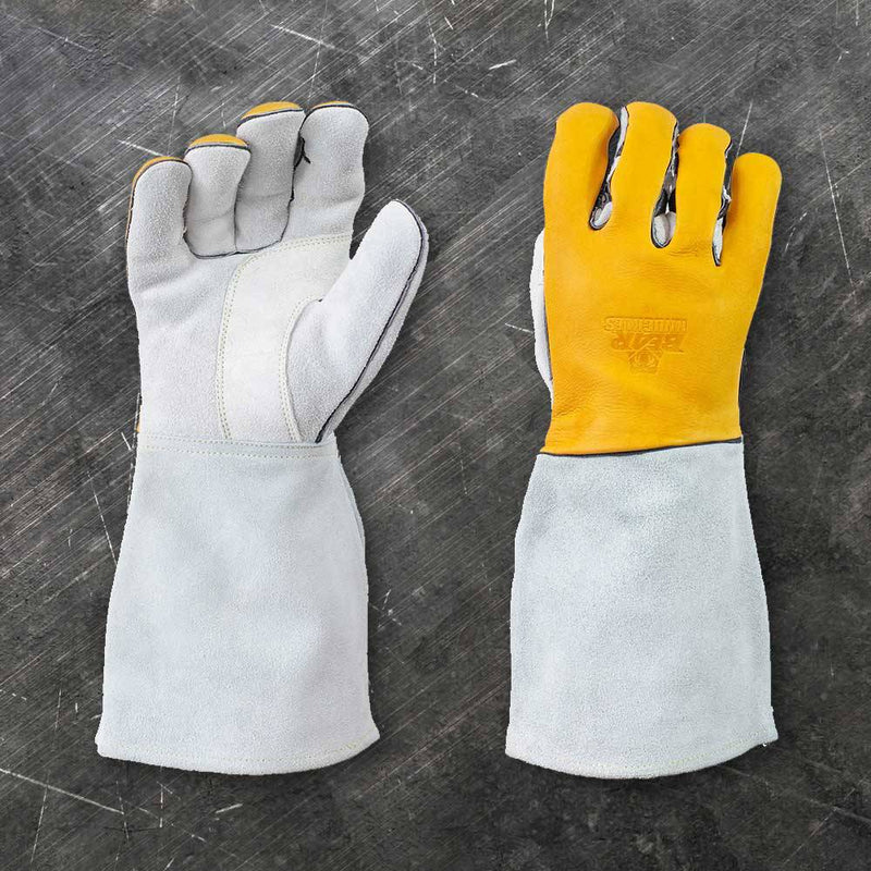 Pair of durable leather welder gloves featuring a yellow ergonomic curved back with gray reinforced palm and cuff, designed for comfort and long-lasting use in multiple tool and accessory collections.