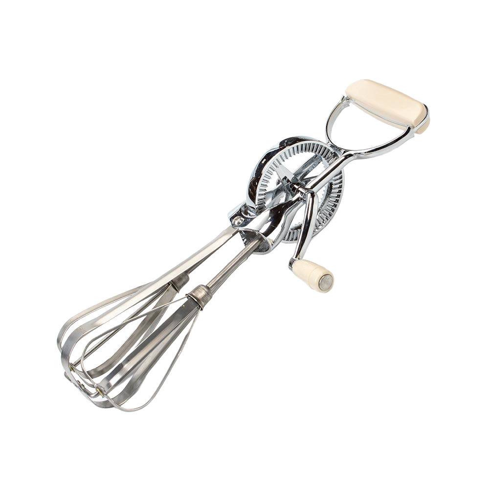 Heavy-duty stainless steel egg beater with durable zinc-finished gears and plastic handle, crafted in the USA for Kitchen & Food and Cooking and Baking Helpers collections.