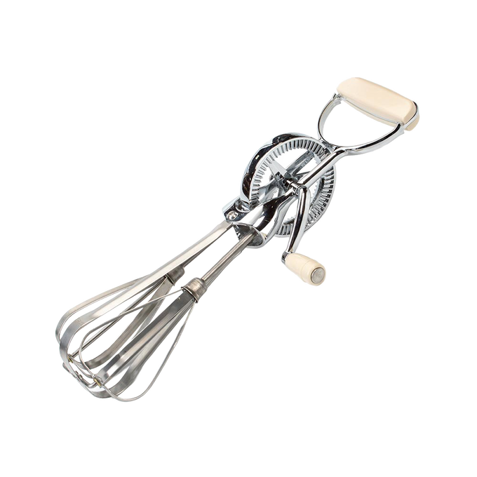 Heavy-duty stainless steel egg beater with durable zinc-finished gears and plastic handle, crafted in the USA for Kitchen & Food and Cooking and Baking Helpers collections.