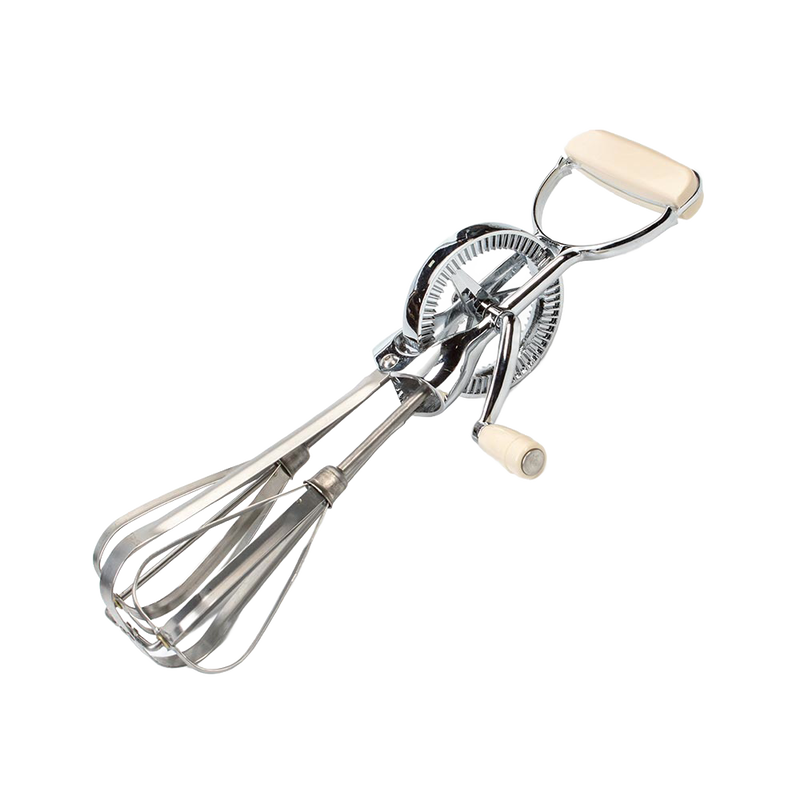 Heavy-duty stainless steel egg beater with durable zinc-finished gears and plastic handle, crafted in the USA for Kitchen & Food and Cooking and Baking Helpers collections.