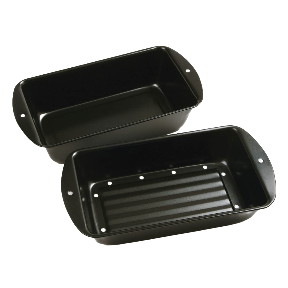 Two-piece set of black non-stick loaf pans with perforated inner pan for draining fat, designed for healthier cooking, featured in Kitchen & Food, Cookware, and Baking Supplies collections.