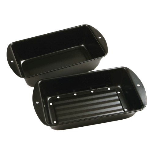 Two-piece set of black non-stick loaf pans with perforated inner pan for draining fat, designed for healthier cooking, featured in Kitchen & Food, Cookware, and Baking Supplies collections.