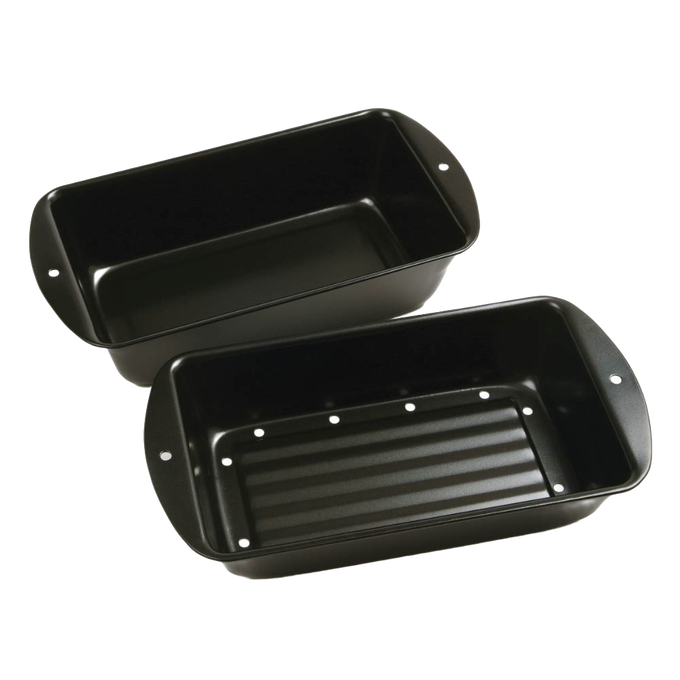 Two-piece set of black non-stick loaf pans with perforated inner pan for draining fat, designed for healthier cooking, featured in Kitchen & Food, Cookware, and Baking Supplies collections.