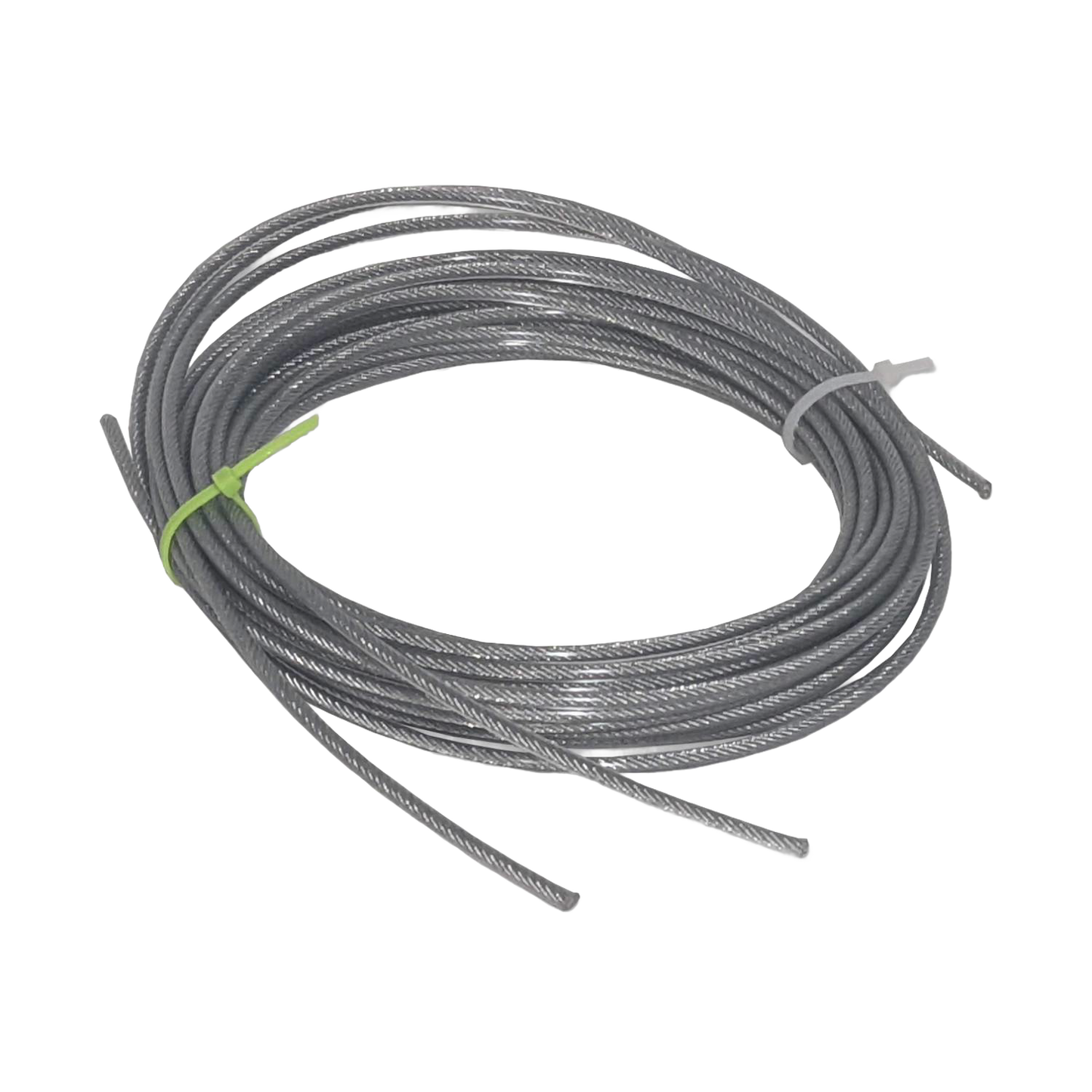 Coiled 19-strand galvanized wire cable with silver vinyl coating, designed to support heavy loads without stretching, ideal for Home & Decor and Laundry Supplies collections.