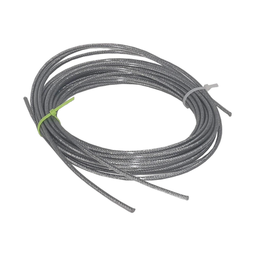 Coiled 19-strand galvanized wire cable with silver vinyl coating, designed to support heavy loads without stretching, ideal for Home & Decor and Laundry Supplies collections.