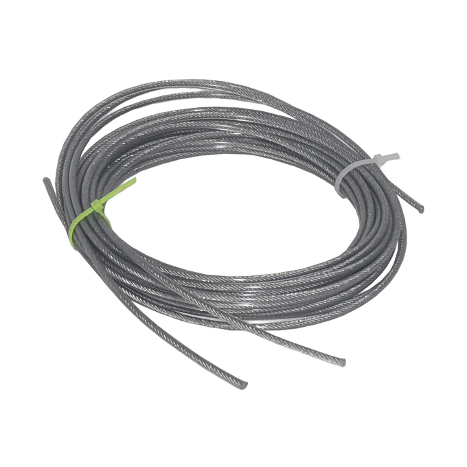 Coiled 19-strand galvanized wire cable with silver vinyl coating, designed to support heavy loads without stretching, ideal for Home & Decor and Laundry Supplies collections.