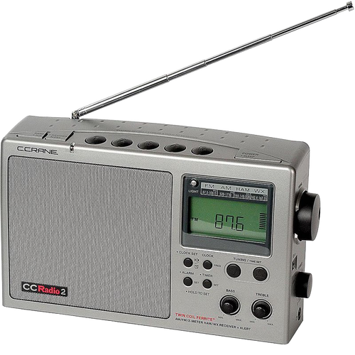 Compact emergency and weather alert AM/FM radio with adjustable tuning, bass and treble controls, digital display, telescoping antenna, suitable for Farm, Garden & Tool and Emergency Supplies collections.