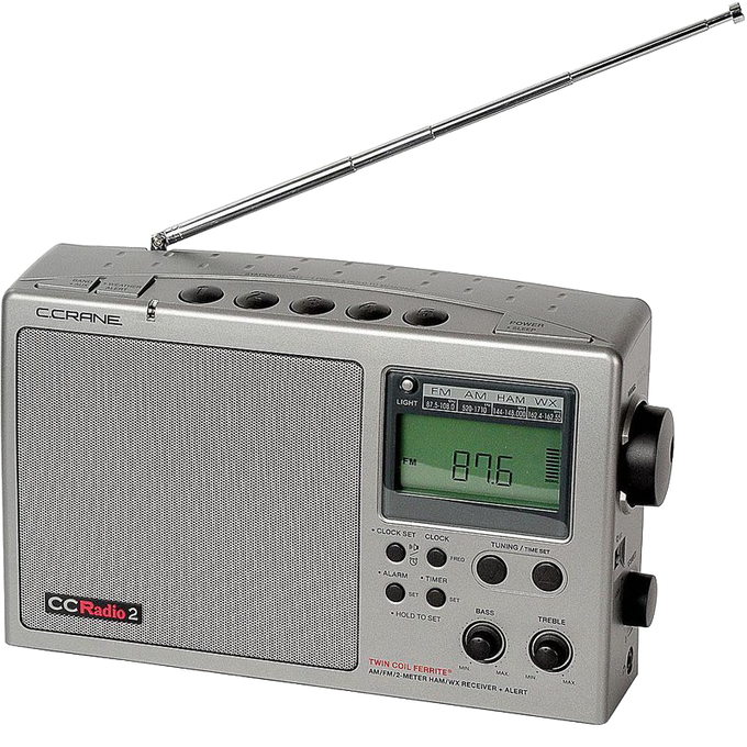 Compact emergency and weather alert AM/FM radio with adjustable tuning, bass and treble controls, digital display, telescoping antenna, suitable for Farm, Garden & Tool and Emergency Supplies collections.