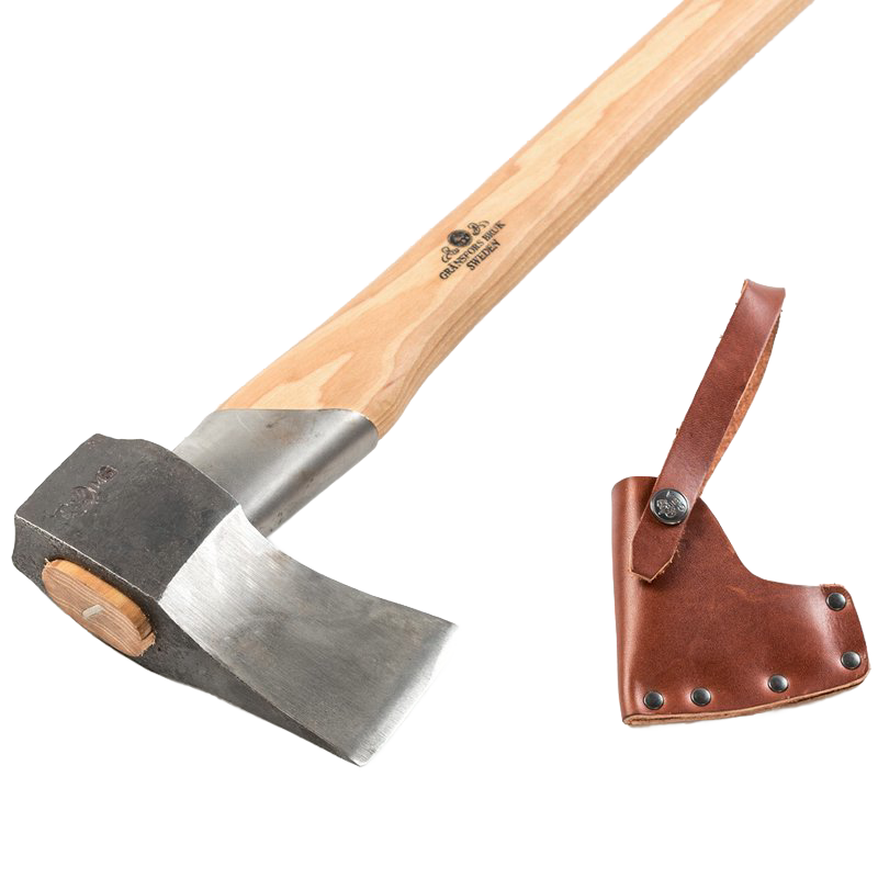 Handcrafted splitting axe with a polished forged steel head and smooth wooden handle, accompanied by a durable brown leather sheath, ideal for wood cutting in Farm, Garden & Tool and Best Sellers collections.