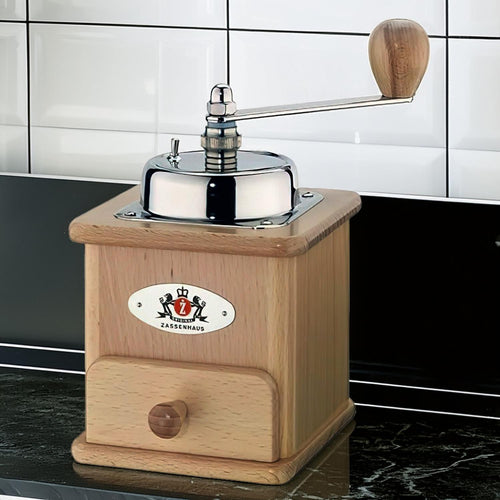 Handcrafted wooden coffee grinder with polished metal top, a wooden knob on the crank handle, and a small drawer for grounds, ideal for Farm, Garden & Tool, Kitchen & Food, and Brewing Coffee and Tea collections.