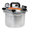 Heavy-duty pressure canner with polished aluminum body, black handle, pressure gauge, and locking knobs, ideal for food preservation and homesteading in Farm, Garden & Tool and Kitchen & Food collections.
