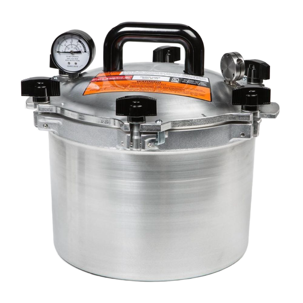 Heavy-duty pressure canner with polished aluminum body, black handle, pressure gauge, and locking knobs, ideal for food preservation and homesteading in Farm, Garden & Tool and Kitchen & Food collections.